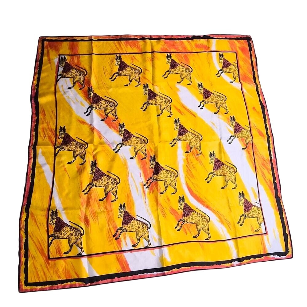 Vintage Mythological Animal Print Square Scarf Yellow Orange Art Deco Style